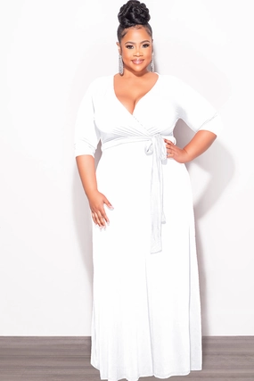 Final Sale Plus Size Faux Wrap Dress in White Tagless Labeling