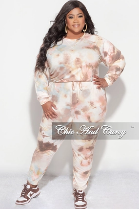 Final Sale Plus Size 2 Piece Set in Brown Tie Dye Print Sweat Resistant ReinforcedBeltLoops