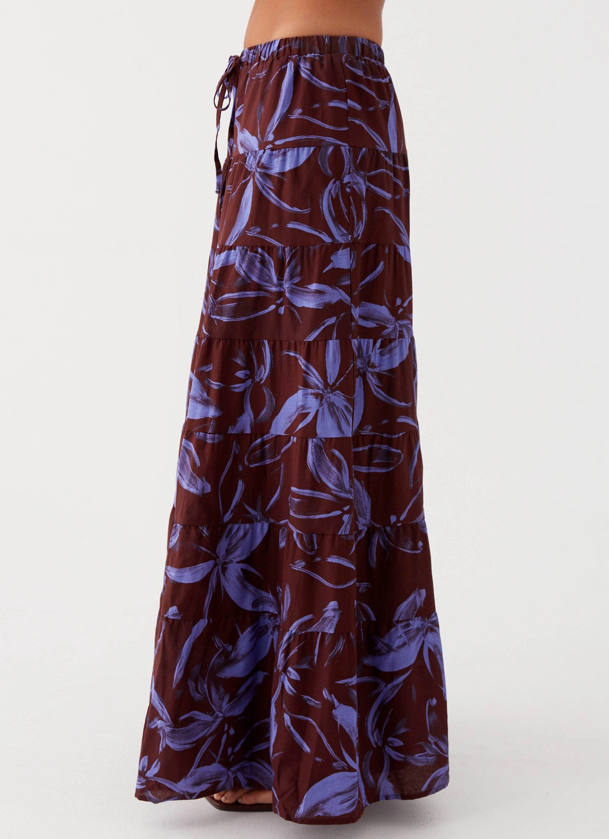 Mariella Linen Maxi Skirt - Purple Brown Floral Smart Stretch