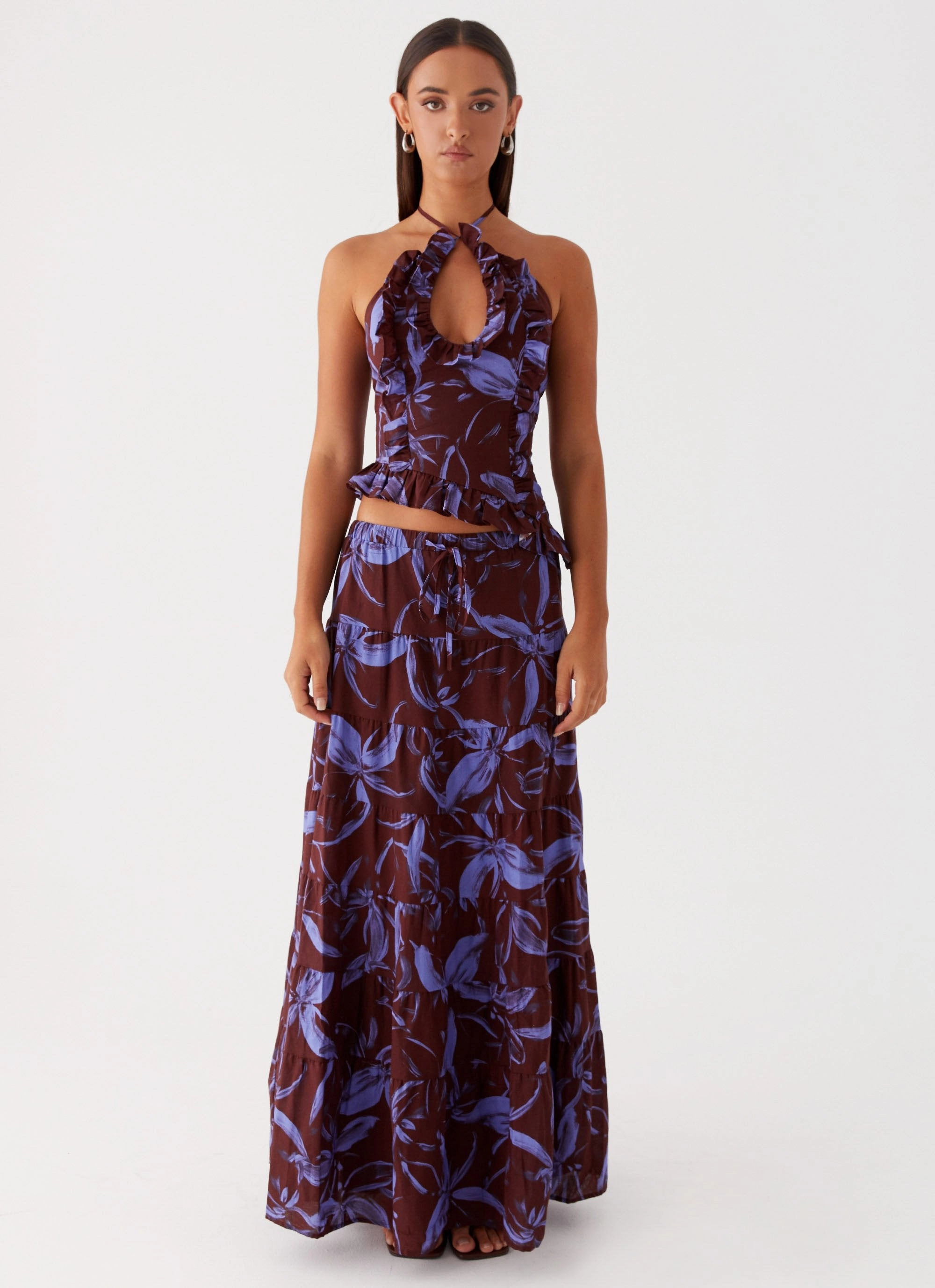 Mariella Linen Maxi Skirt - Purple Brown Floral Relax Fit Design