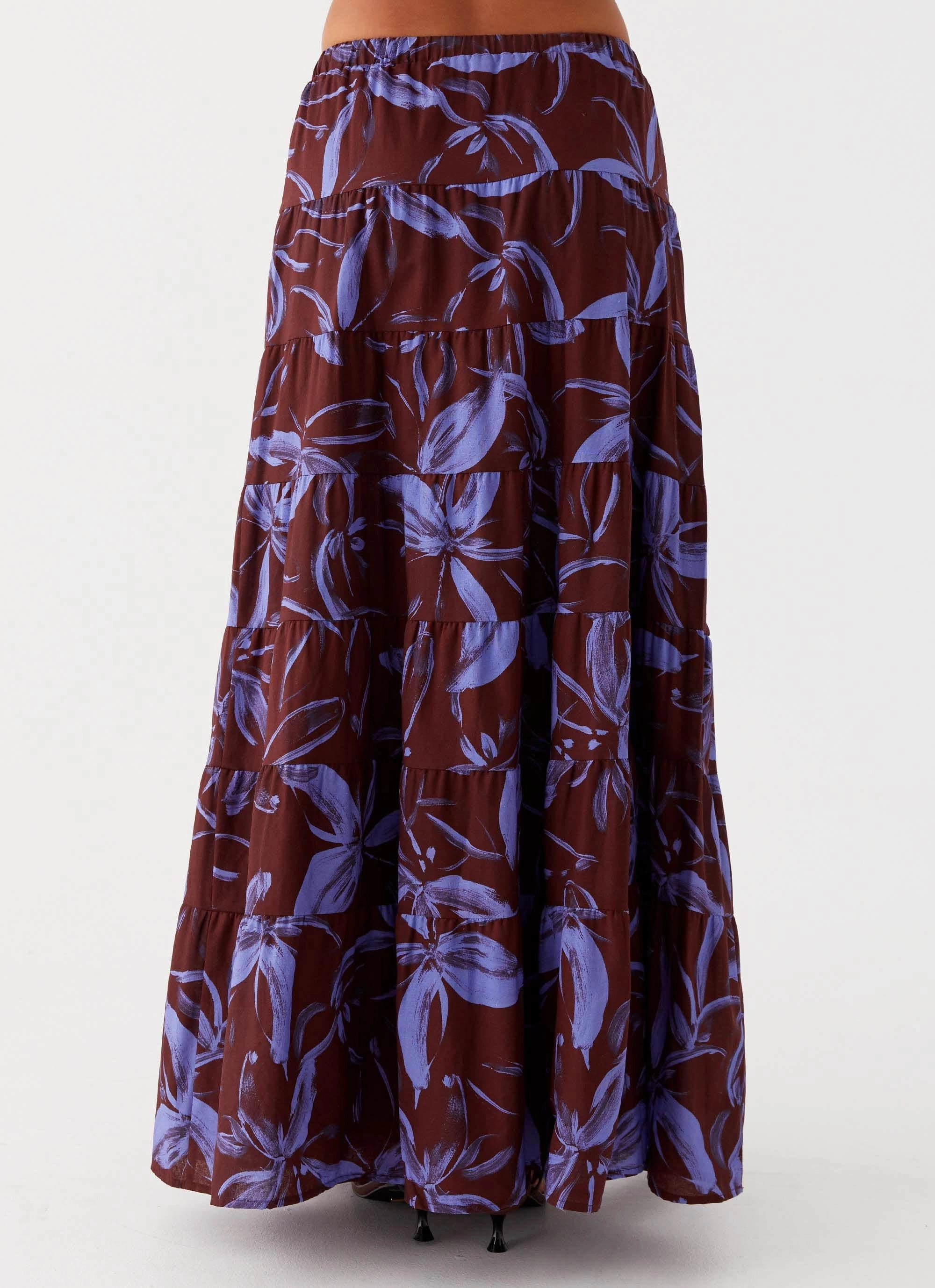 Mariella Linen Maxi Skirt - Purple Brown Floral Outdoor Activity Elastic Cuff