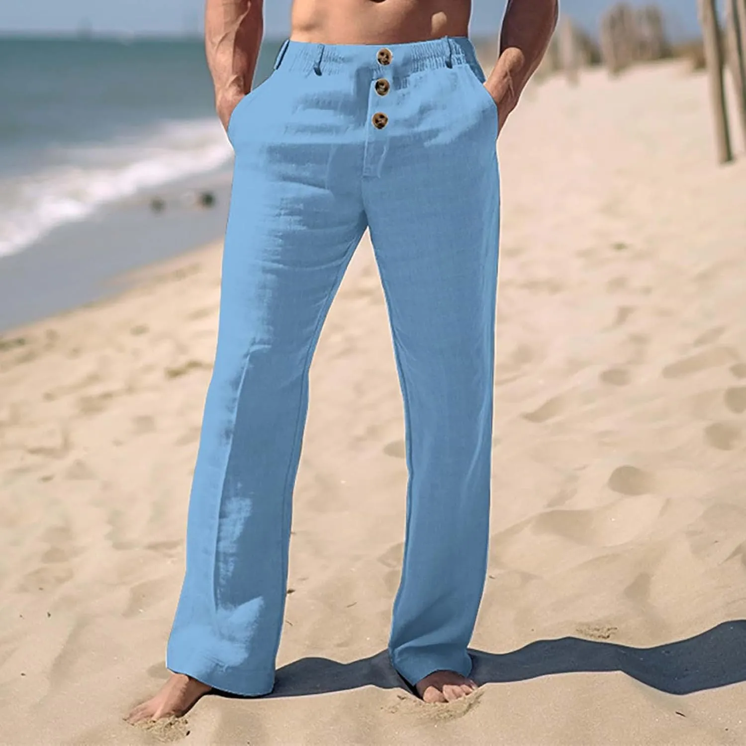 Tready Cruise Wear for Men Linen Cotton Straight Wide Leg Casual Trousers Summer Breathable Beach Yoga Pant with Pockets