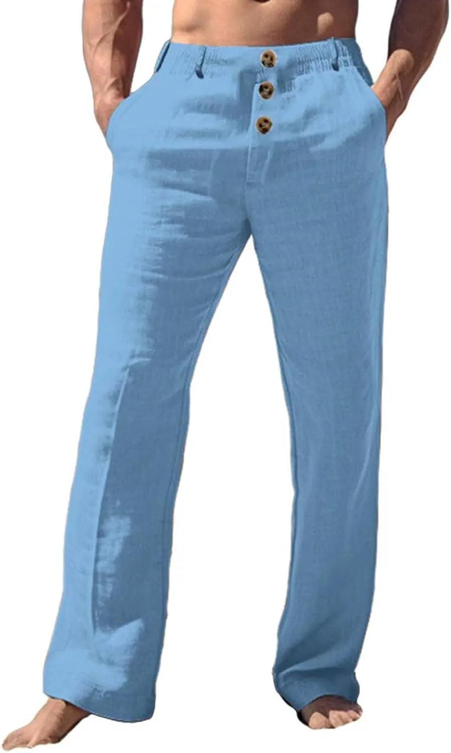 Tready Cruise Wear for Men Linen Cotton Straight Wide Leg Casual Trousers Summer Breathable Beach Yoga Pant with Pockets