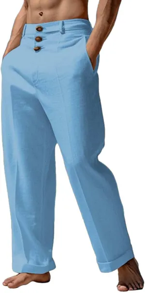Tready Cruise Wear for Men Linen Cotton Straight Wide Leg Casual Trousers Summer Breathable Beach Yoga Pant with Pockets
