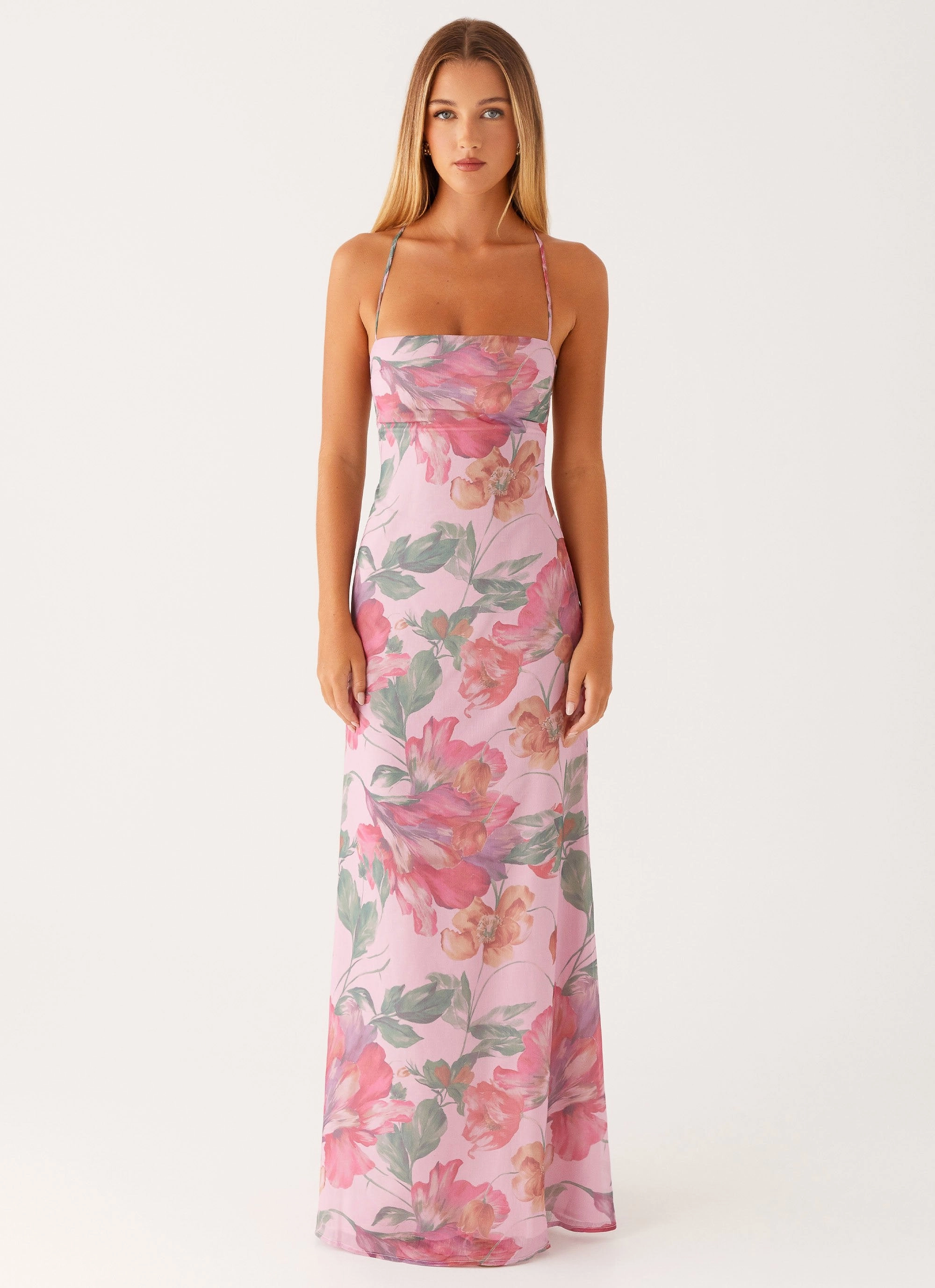 High-waisted evening piece Peggy Maxi Dress - Pink Floral