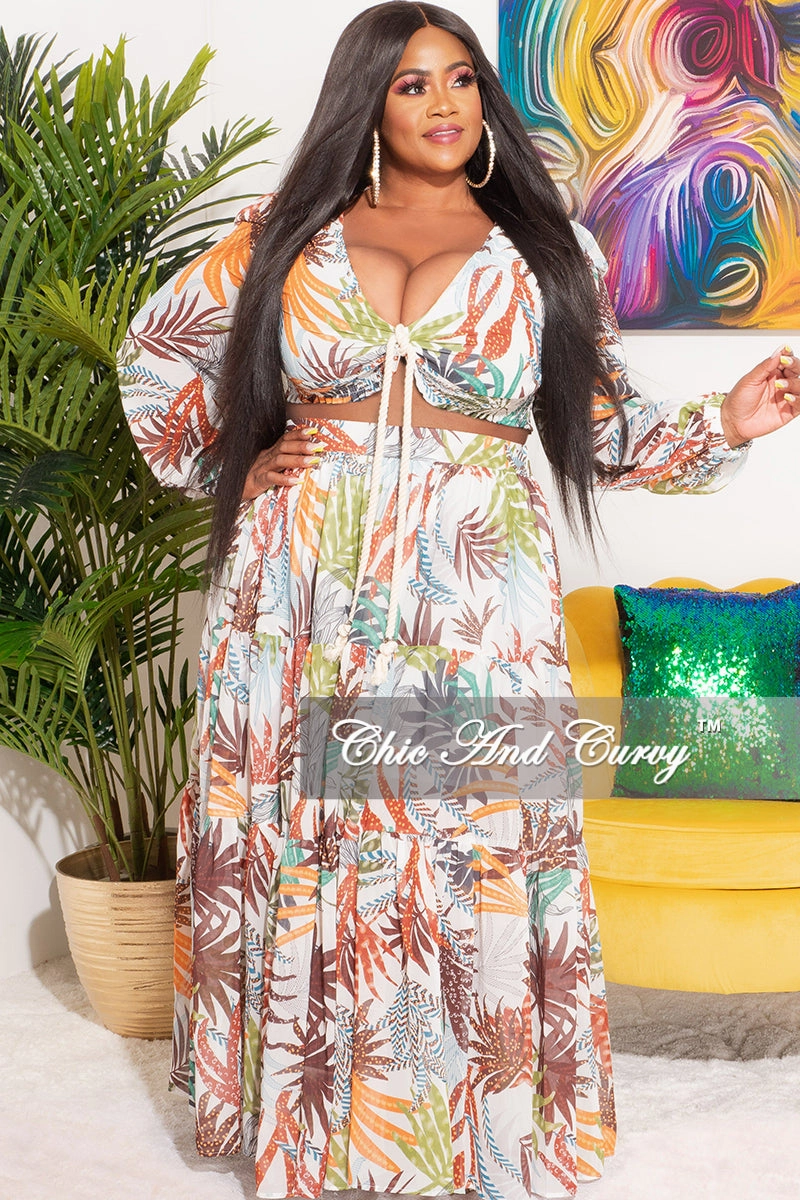 Warm design Bonded Seam Technology Final Sale Plus Size Chiffon 2pc Set with Rope Tie Top and Maxi Skirt in Palm Print