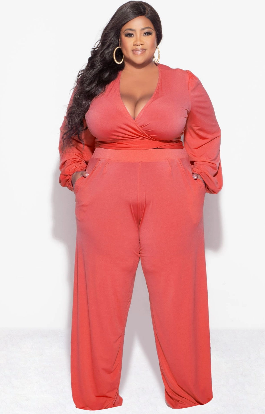 Abrasion Resistant Material Adjustable Drawcord Final Sale Plus Size 2pc Tie Top & Pants in Orange Rust