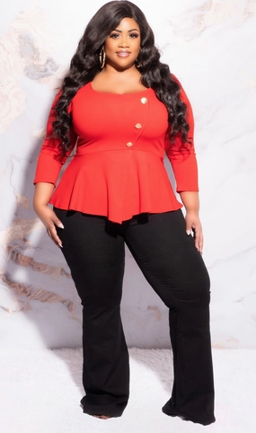 Reinforced Seams Cozy Layer Final Sale Plus Size Button Peplum Top in Red