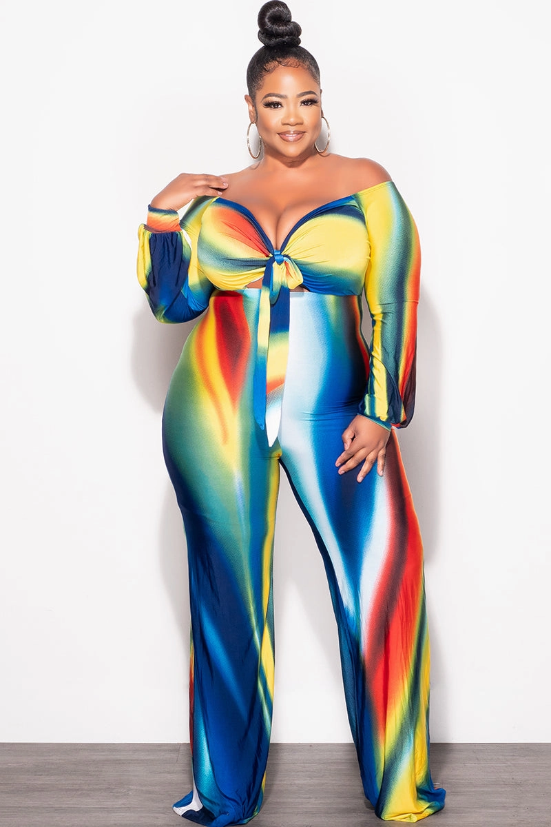 Final Plus Size Front Tie Jumpsuit in Royal Blue, Orange, Green & Yellow Softened Hem