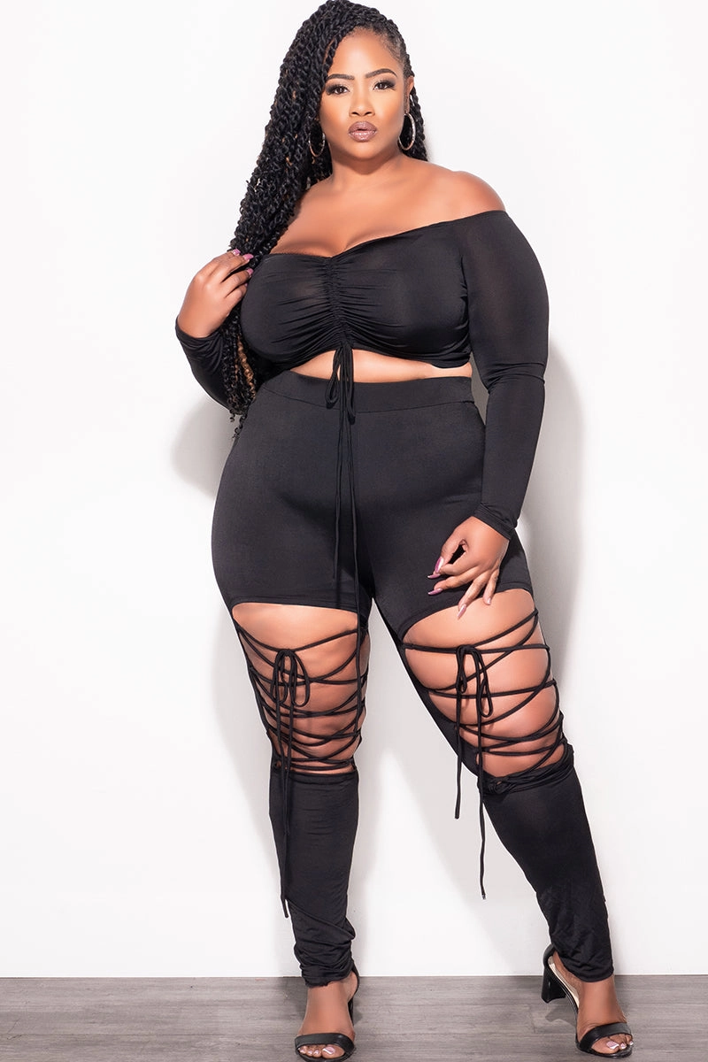 FourWayStretch Final Sale Plus Size 2pc Crop Top and Lace Up Pants Set in Black