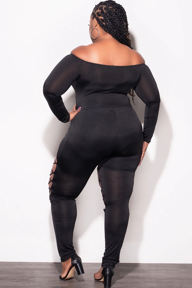 Practical Comfort Final Sale Plus Size 2pc Crop Top and Lace Up Pants Set in Black