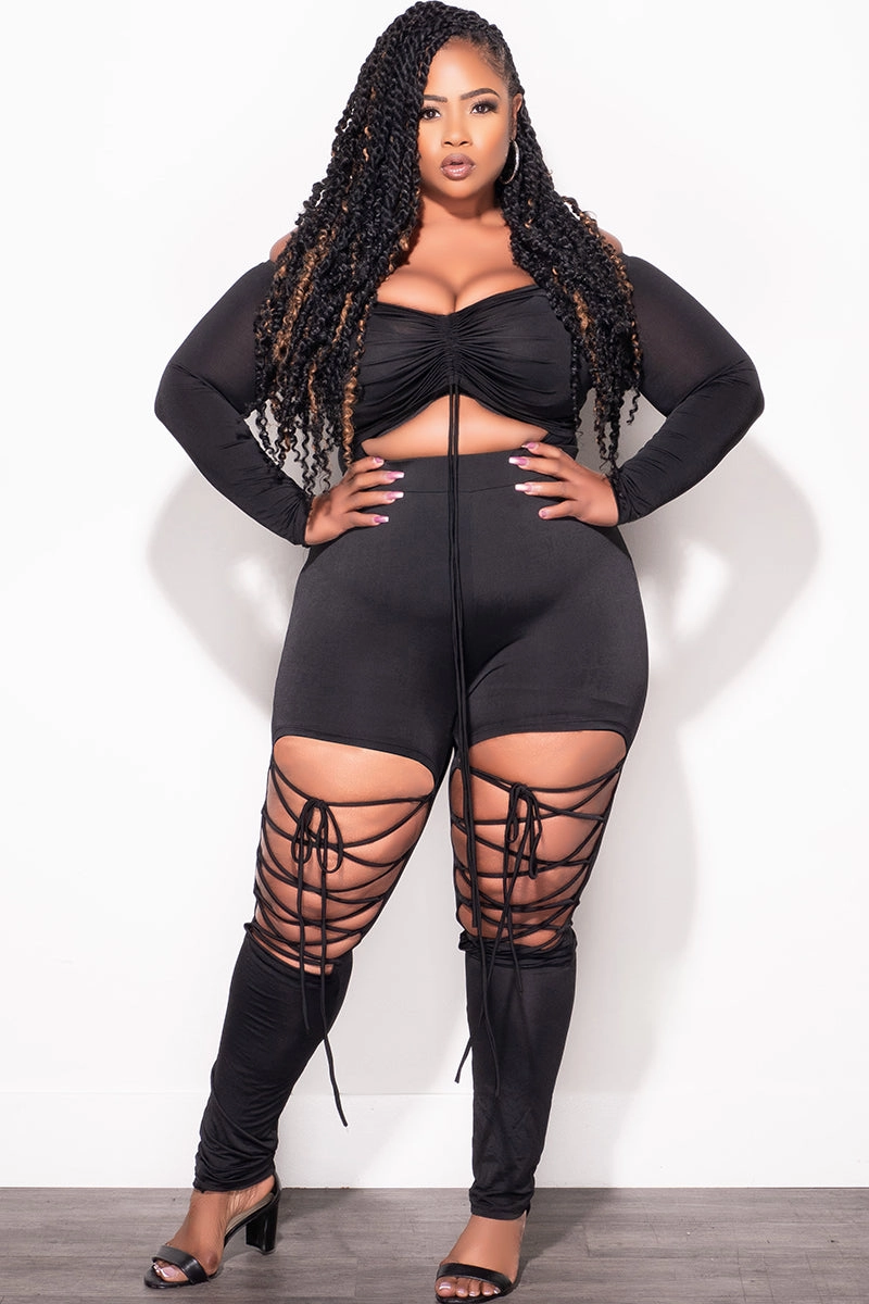 Fade Resistant Dye Final Sale Plus Size 2pc Crop Top and Lace Up Pants Set in Black