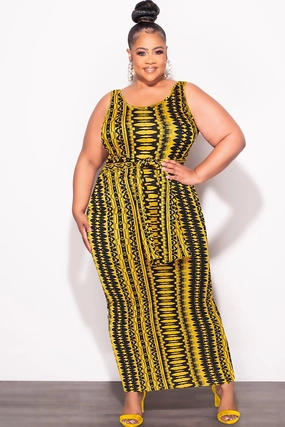 Flexible Cut Travel Essential Final Sale Plus Size Sleeveless Maxi Dress with Waist Tie in Yellow and Black Design Print