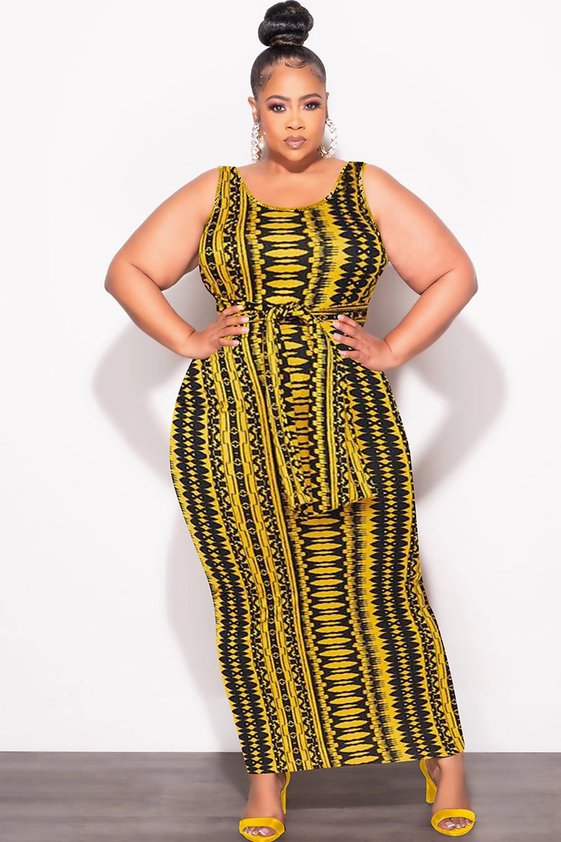 luxe feel Final Sale Plus Size Sleeveless Maxi Dress with Waist Tie in Yellow and Black Design Print