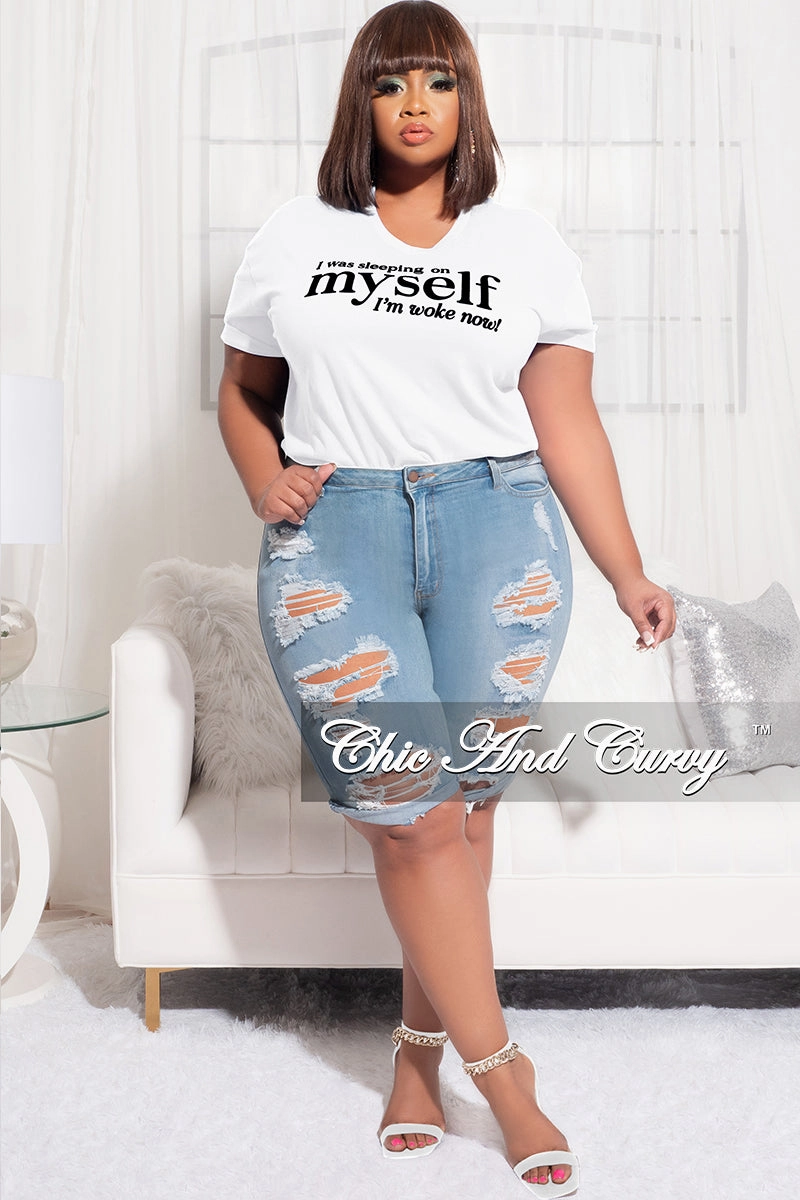 Final Sale Plus Size Short Sleeve I Was Sleeping On Myself I'm Woke Now T-Shirt in White Casual Performance