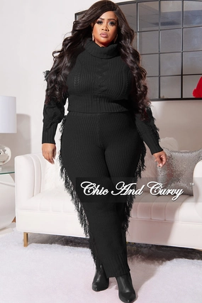 Chilly Weather Fit Final Sale Plus Size 2pc Fringe Sweater Pants Set in Black