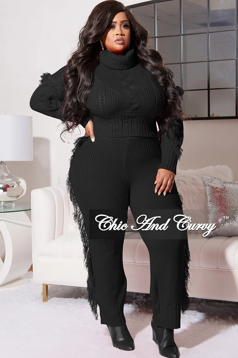AdjustableTabs Final Sale Plus Size 2pc Fringe Sweater Pants Set in Black