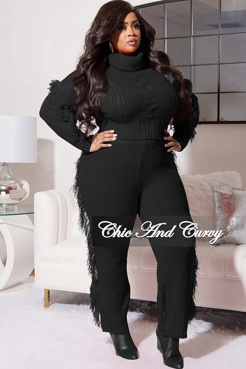 FourWayStretch Corduroy texture Final Sale Plus Size 2pc Fringe Sweater Pants Set in Black