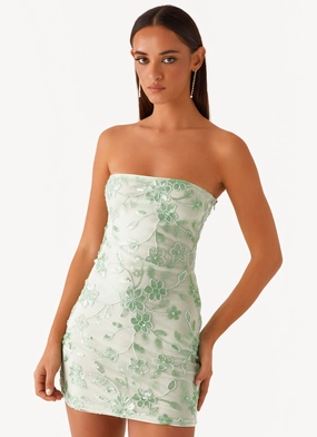 Perfectly Fitted Floral design Moorey Beaded Mini Dress - Sage