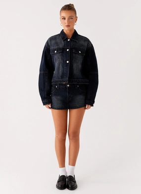 Windproof Cuffs Elasticated Waistband Tropics Denim Jacket - Washed Dark Blue
