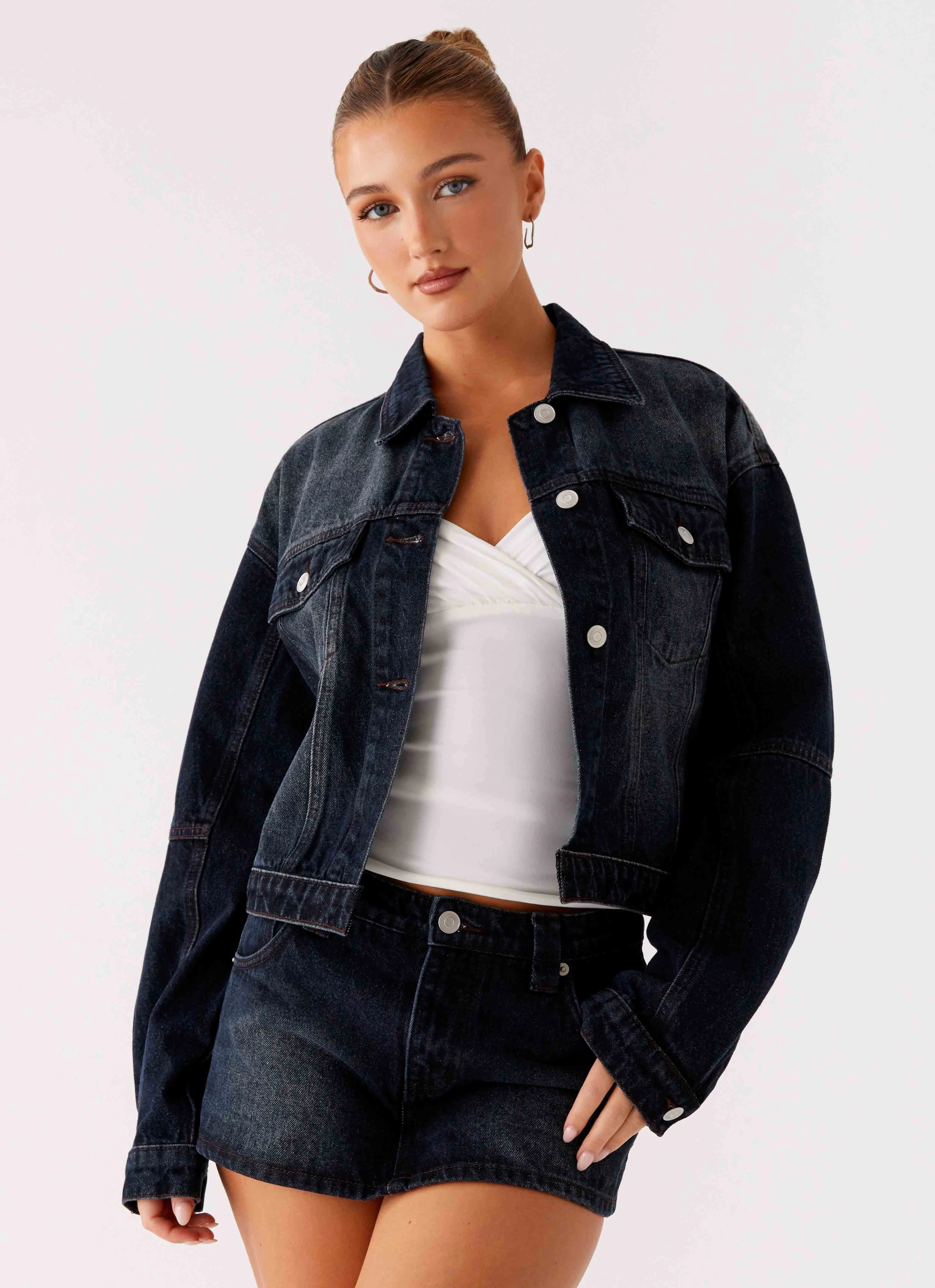 Tropics Denim Jacket - Washed Dark Blue Layered Comfort Look Zip Pockets