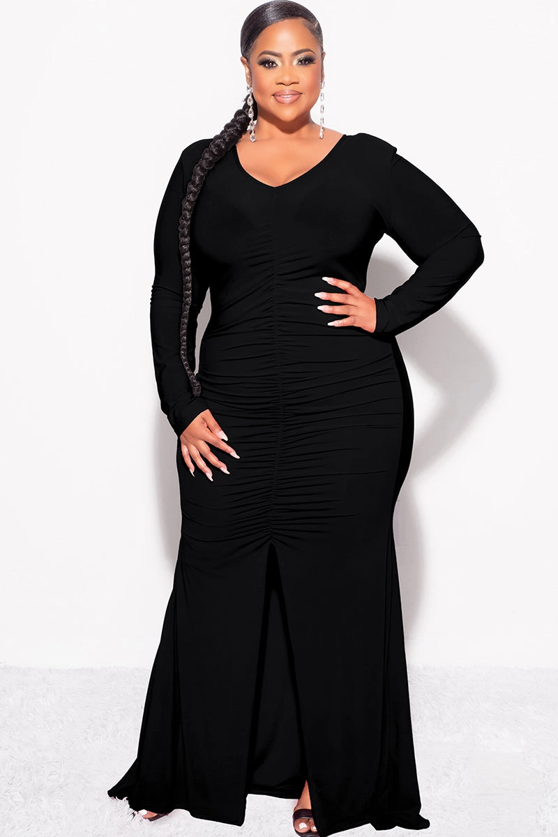 Final Sale Plus Size V-Neck Gown with Center Ruching and Slit in Black WrinkleResistantFinish Flatlock Seam Design
