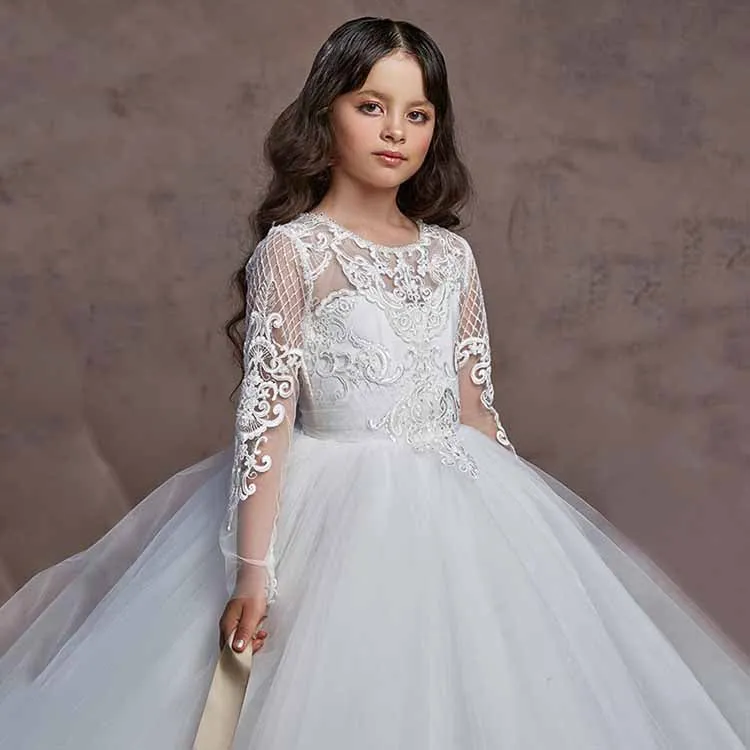 Tulle Lace Flower Girl Dress Pageant Maxi Dresses for Girls Ball Gown