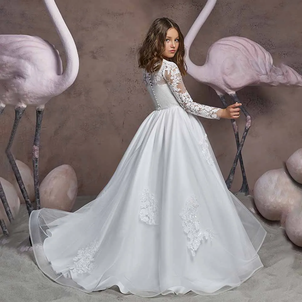 Tulle Lace Flower Girl Dress Pageant Maxi Dresses for Girls Ball Gown