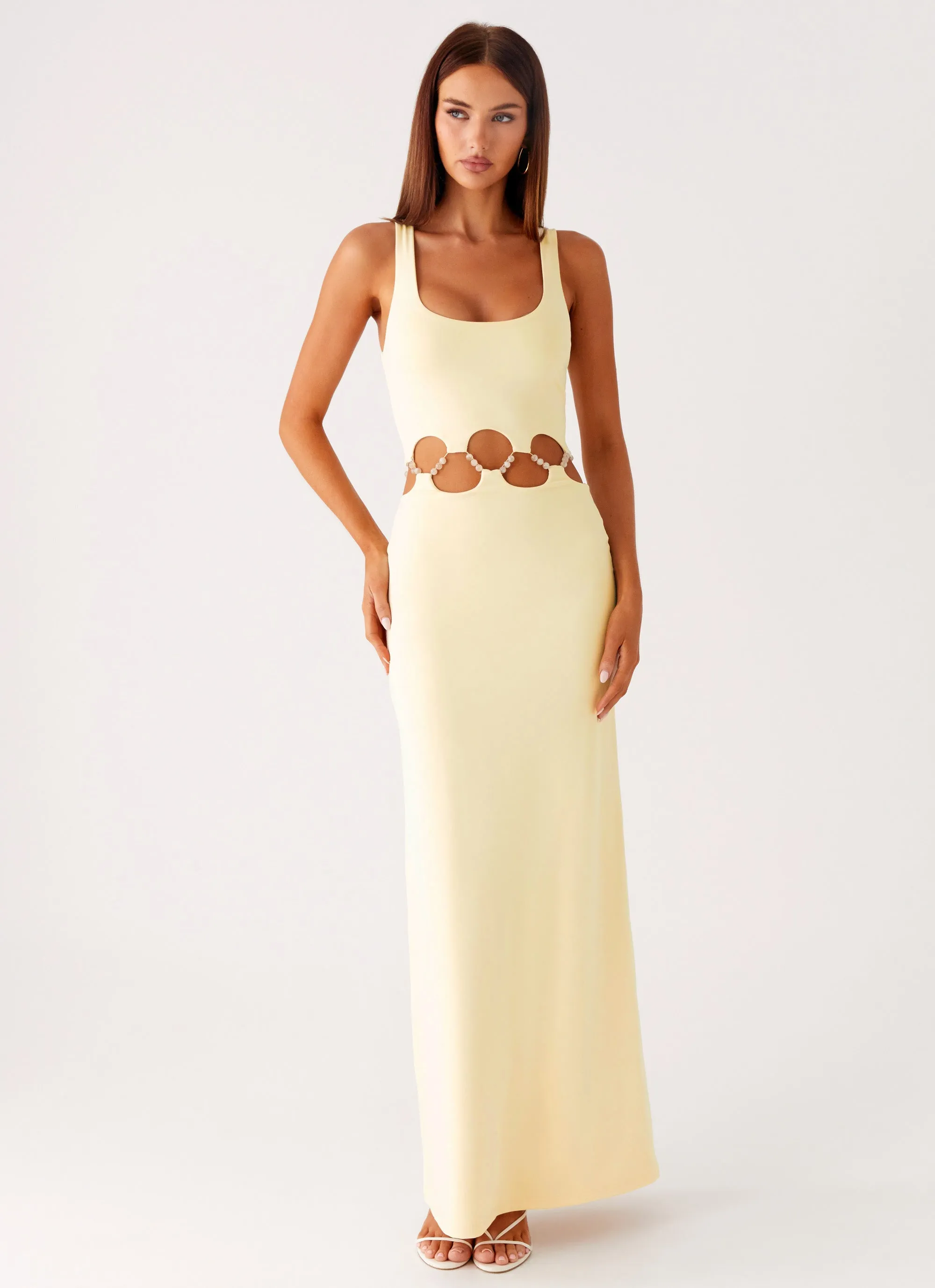 Dreamboat Beaded Maxi Dress - Yellow Satin Glow Travel Ready