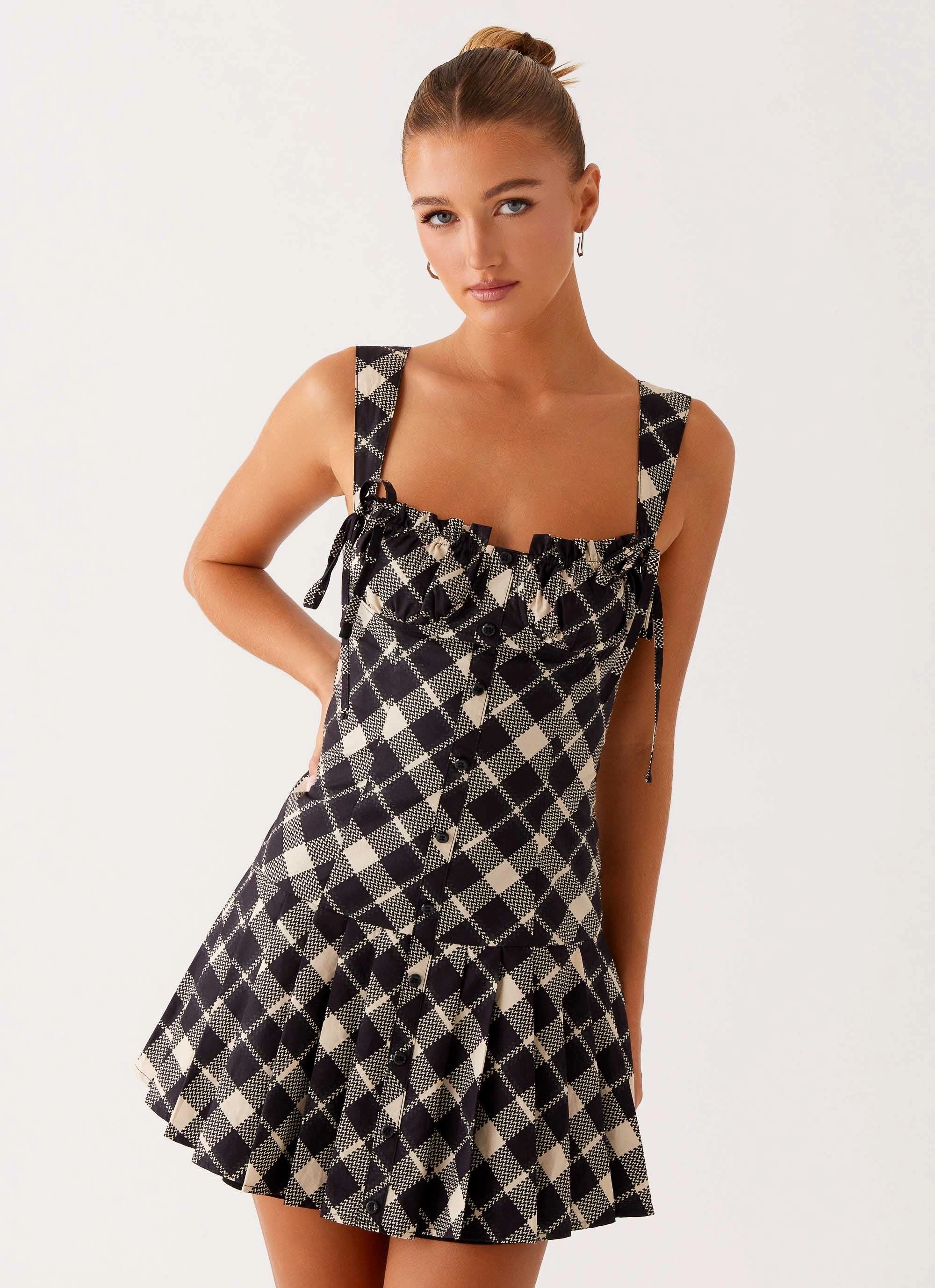 Tuni Mini Dress - Taupe Check Office Shape Ethically-Made