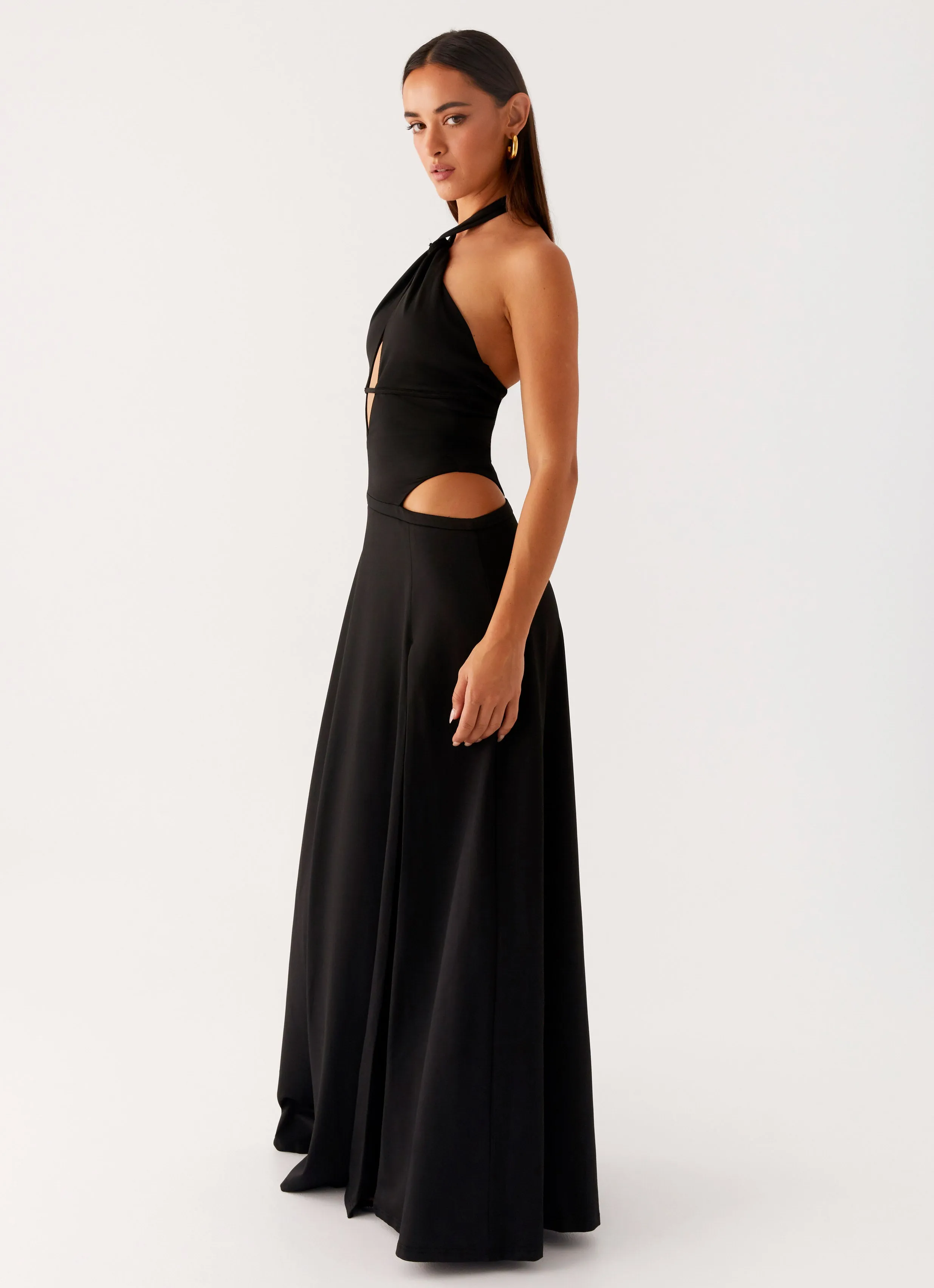 Silky Layer Ribbed-Texture Turner Maxi Dress - Black