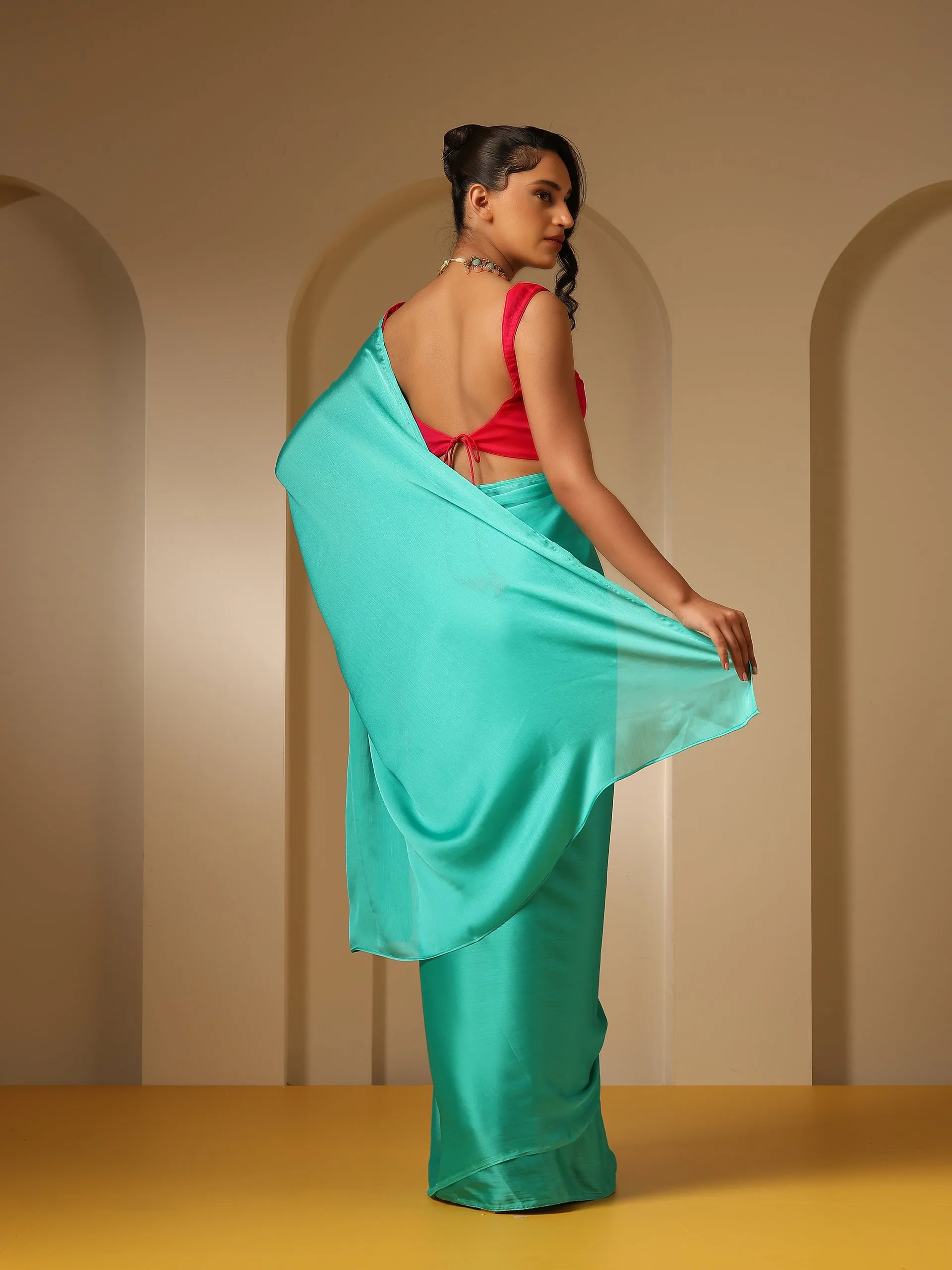 Turq Blue Soft Chiffon Saree with Fuchsia Blouse Fabric