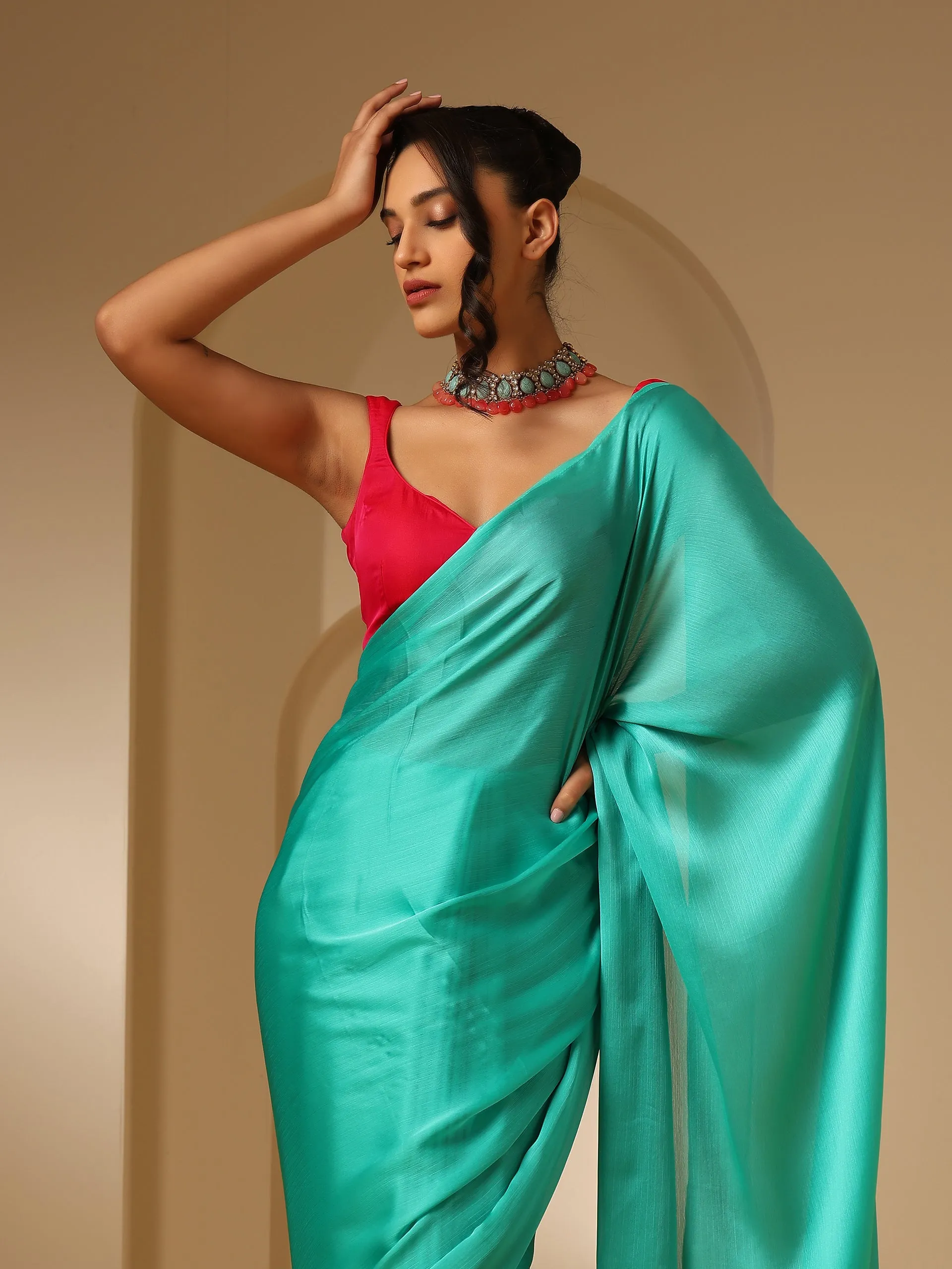 Turq Blue Soft Chiffon Saree with Fuchsia Blouse Fabric