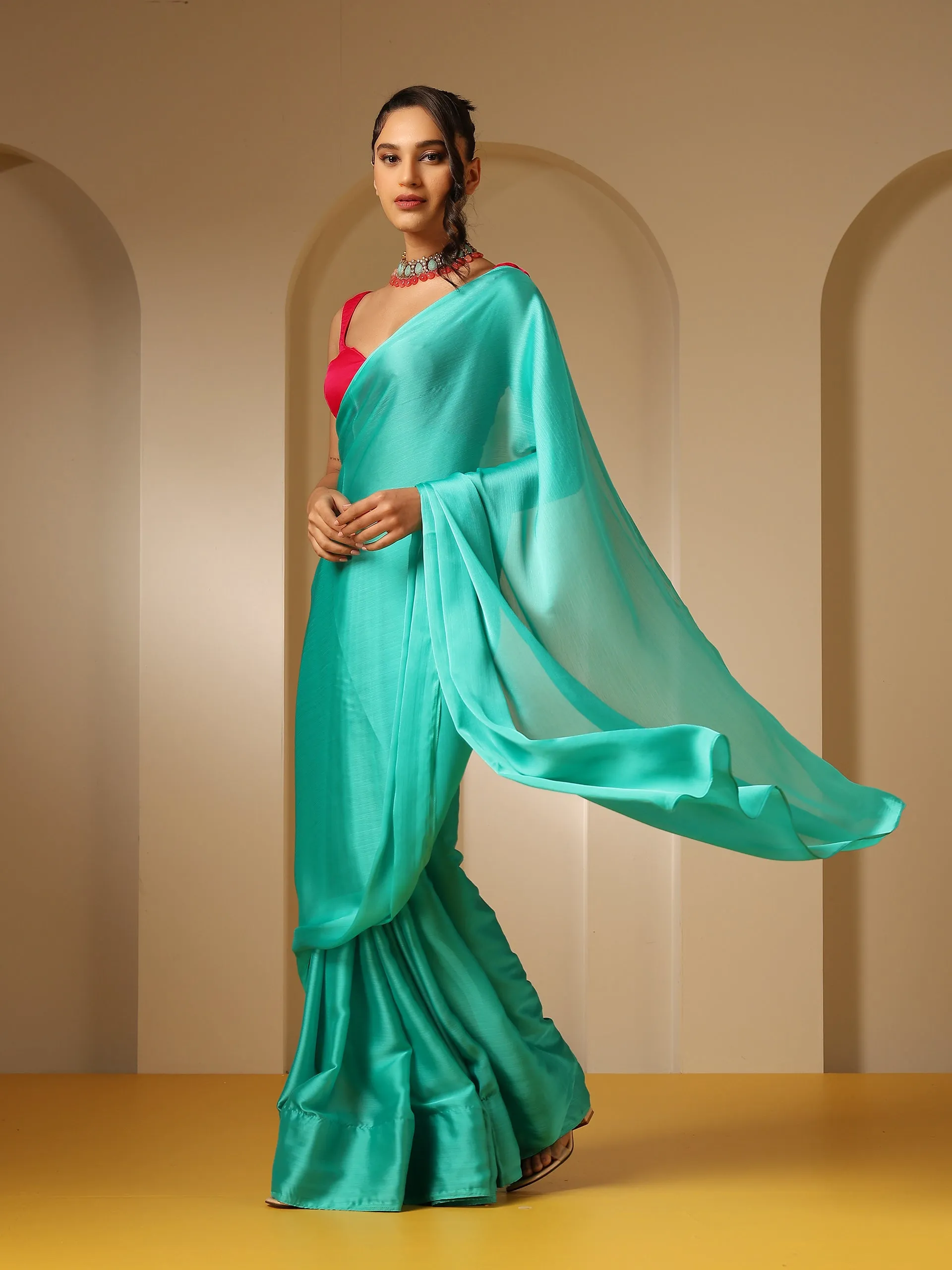 Turq Blue Soft Chiffon Saree with Fuchsia Blouse Fabric