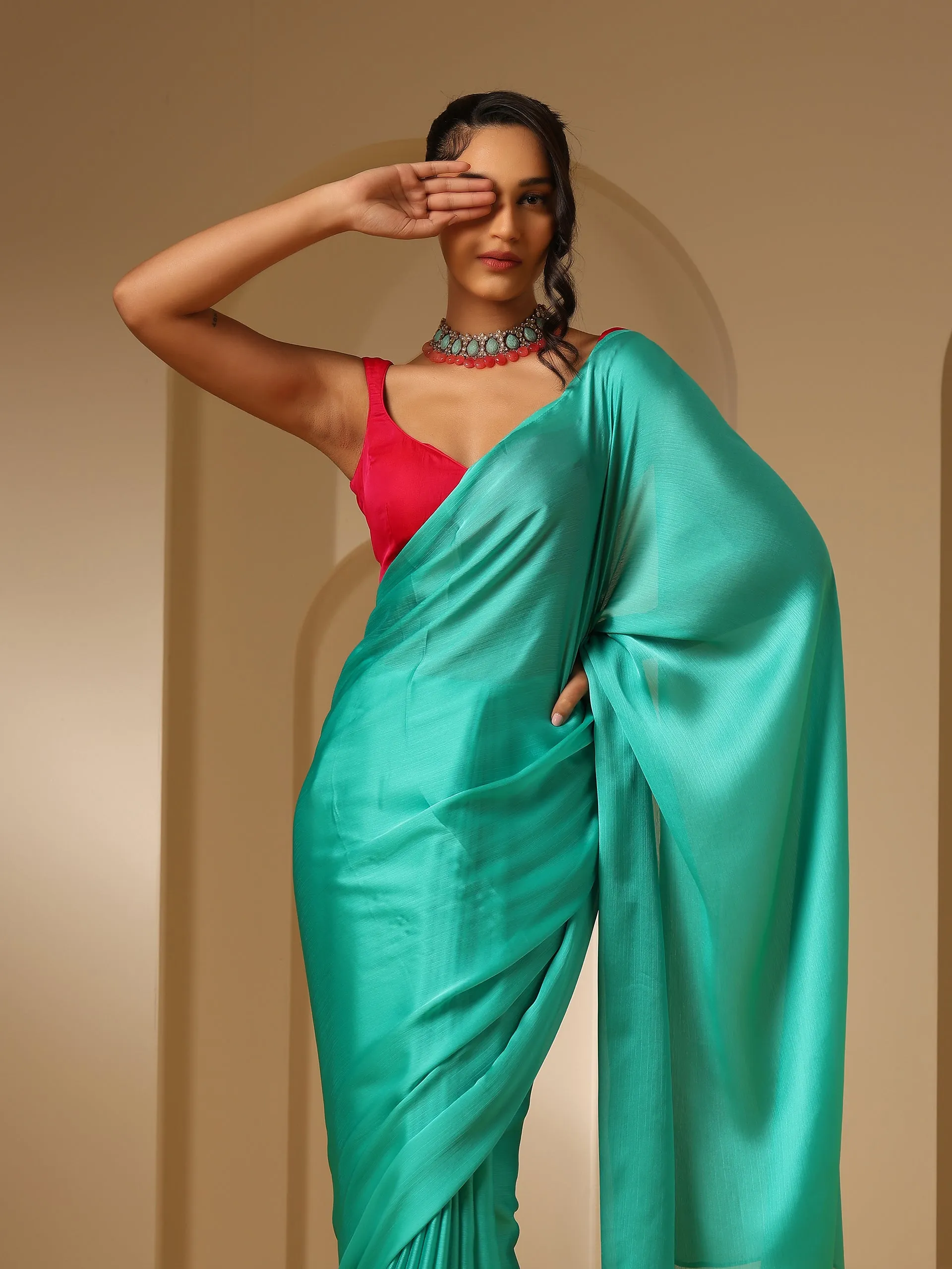 Turq Blue Soft Chiffon Saree with Fuchsia Blouse Fabric