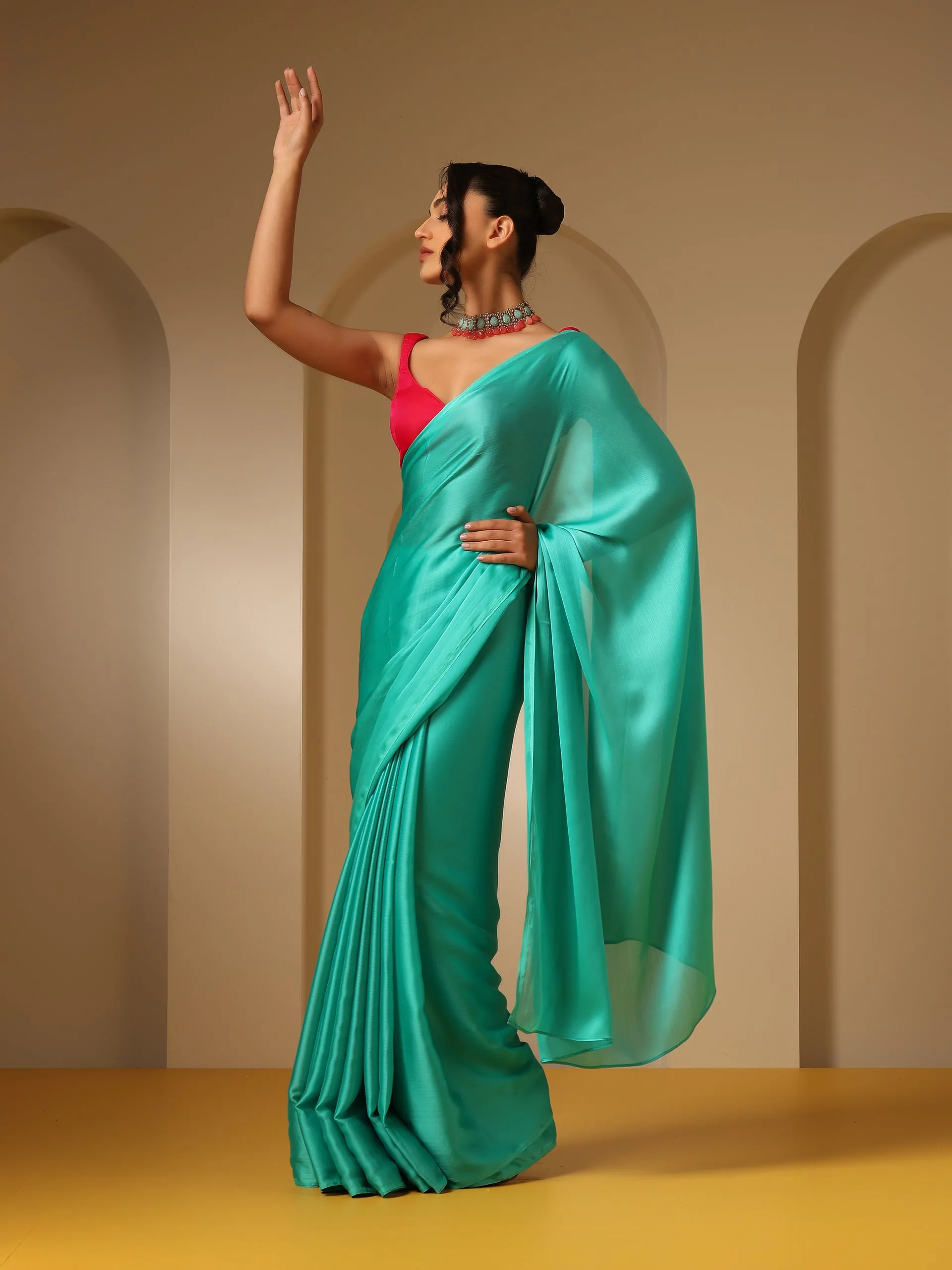 Turq Blue Soft Chiffon Saree with Fuchsia Blouse Fabric