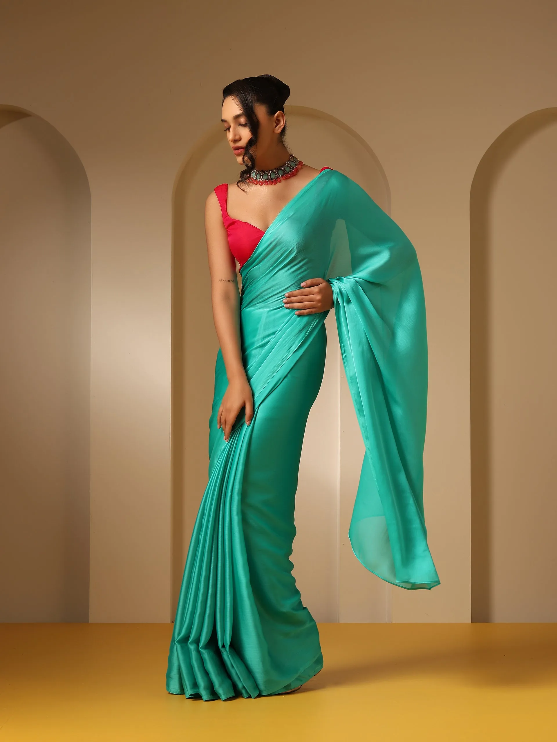 Turq Blue Soft Chiffon Saree with Fuchsia Blouse Fabric