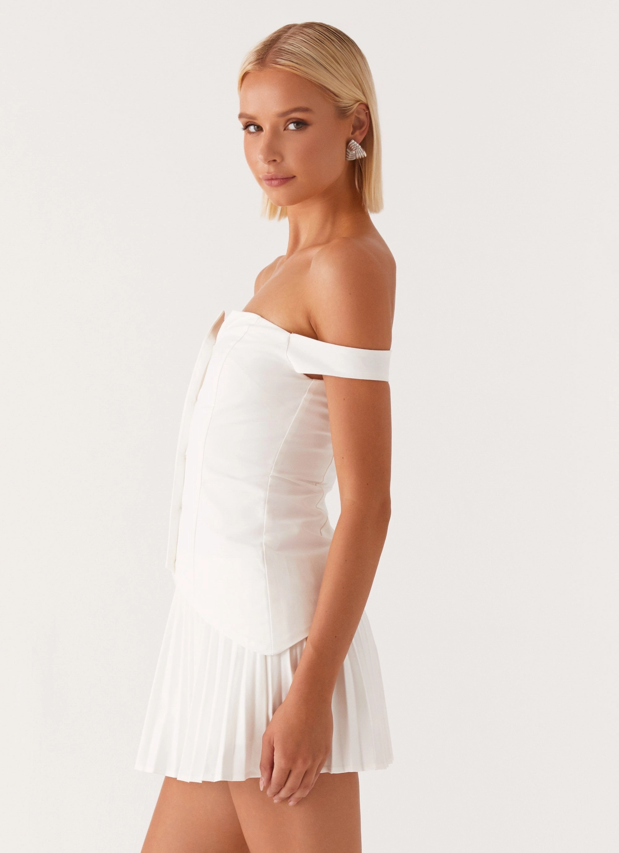 Summer Ease Open Back Twisted Skies Off Shoulder Mini Dress - Off White