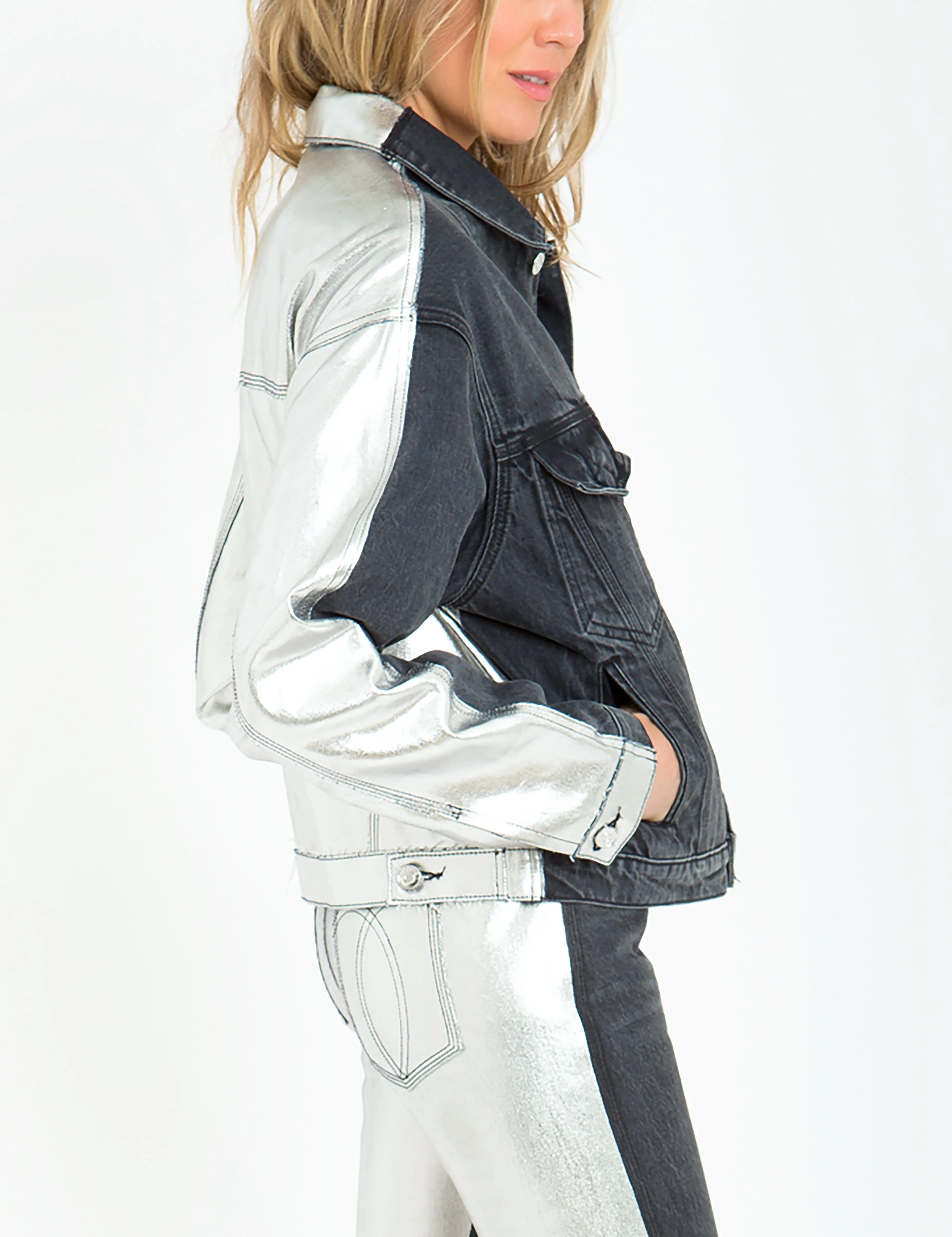 Two-Tone Contrast Bonded Metallic Cropped Jacket