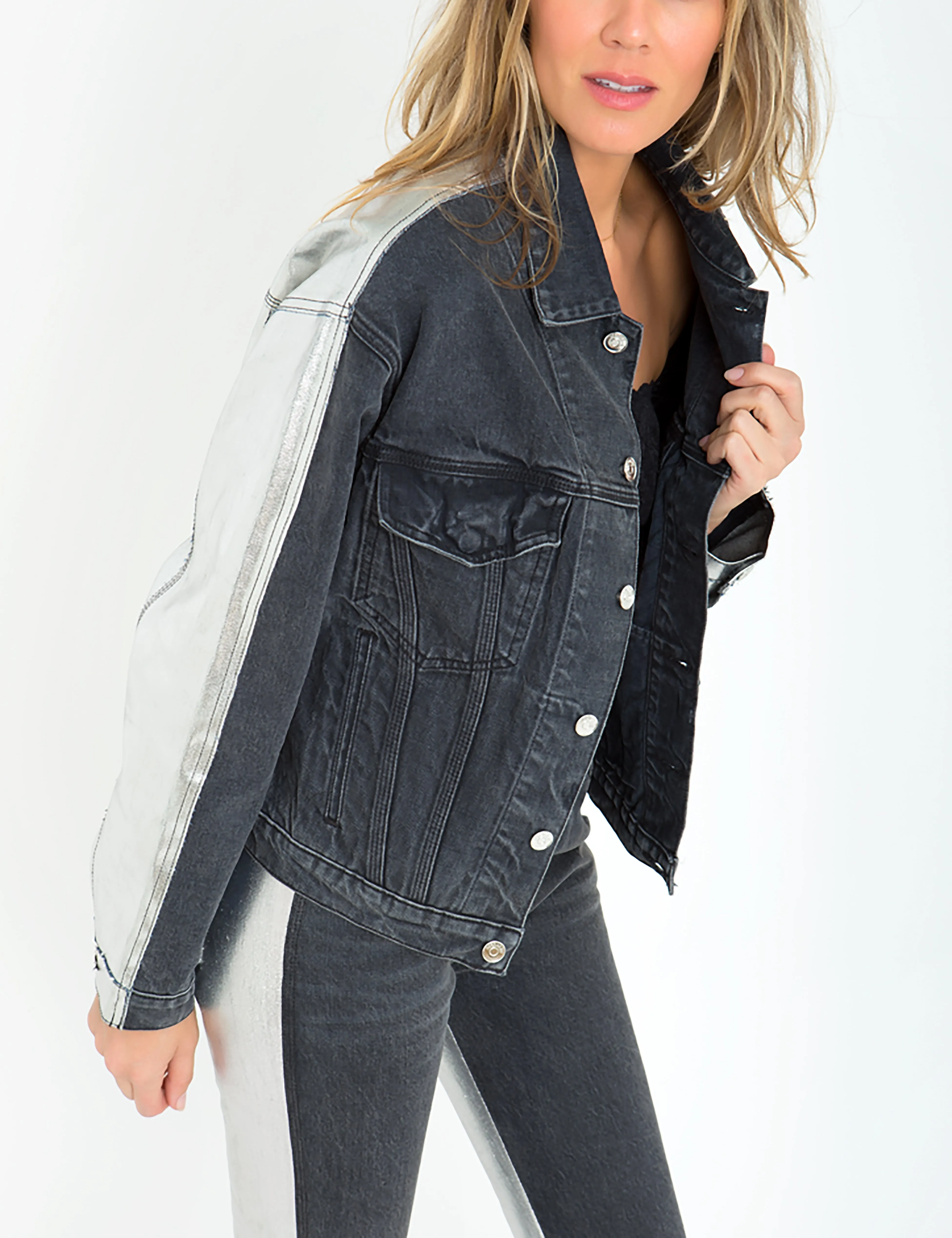 Two-Tone Contrast Bonded Metallic Cropped Jacket