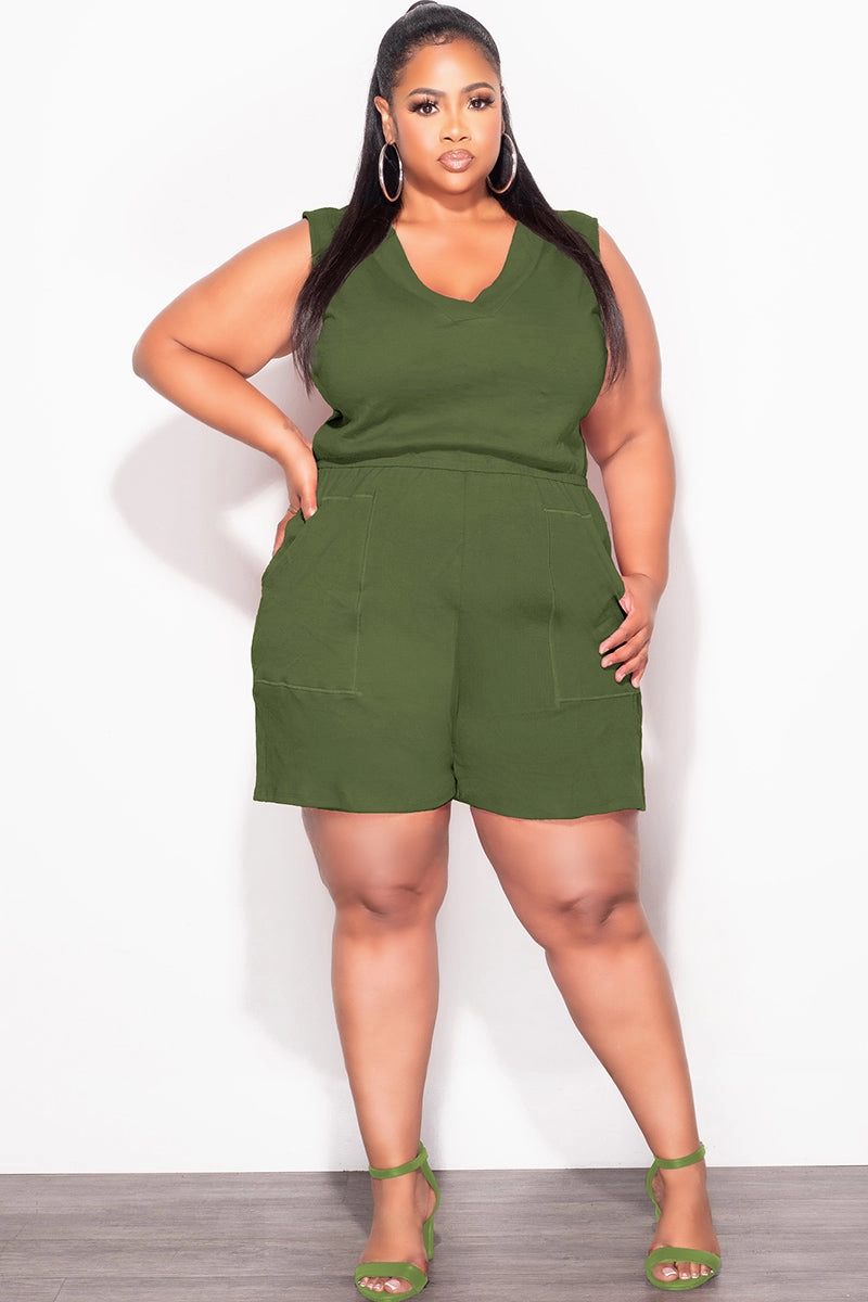 Multi-Purpose Wear Final Sale Plus Size Sleeveless French Terry V Neck Romper in Olive