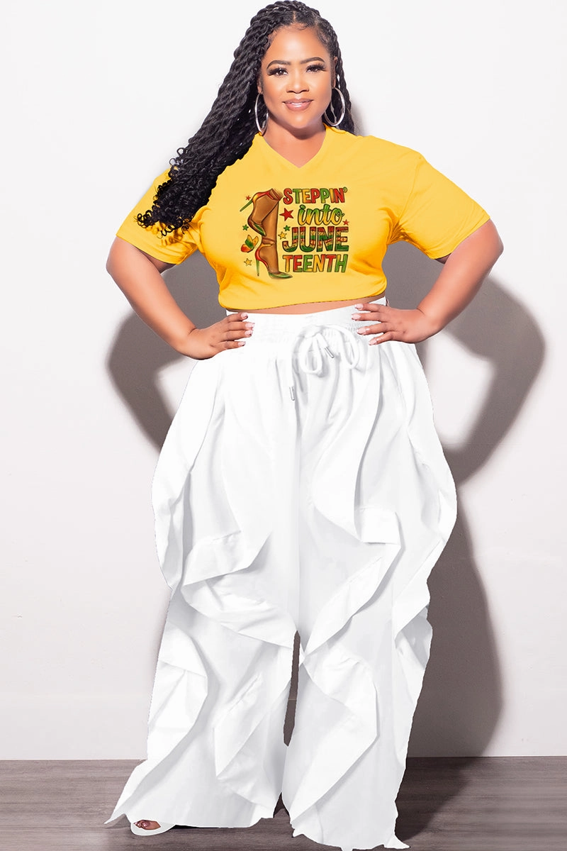 Zip-off legs Final Sale Plus Size Oversized Unisex V-Neck Yellow Squash T-Shirt Steppin Into Juneteenth