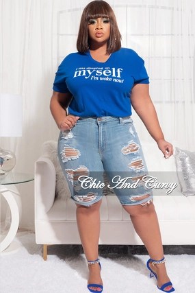 Casual Wear Easy Stretch Final Sale Plus Size Short Sleeve V-Neck I Was Sleeping On Myself I'm Woke Now T-Shirt in Royal Blue