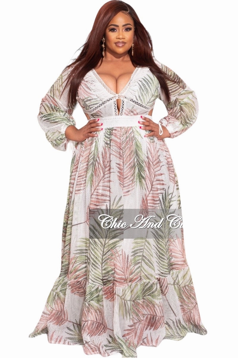 Final Sale Plus Size Maxi Dress with Side Cutouts & V-Neck in Palm Print Flexible Cut high waisted