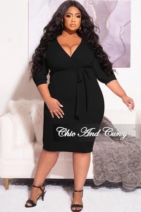 Hiking Gear StaticResistantMaterial Final Sale Plus Size Faux Wrap BodyCon Dress with Waist Tie in Black