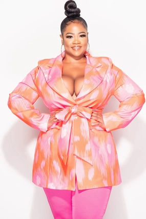 Layered Look Casual Chic Final Sale Plus Size Blazer in Neon Pink and Orange Design Print