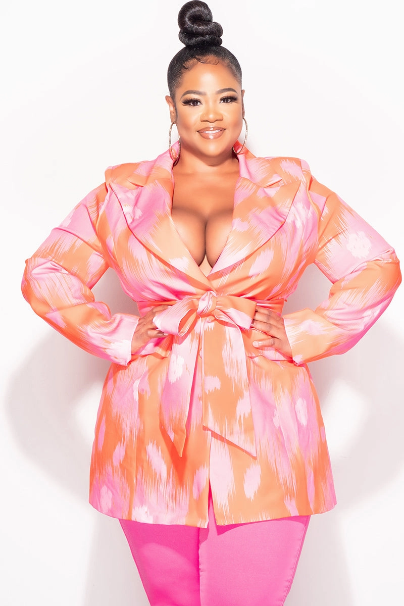 Layered Look Casual Chic Final Sale Plus Size Blazer in Neon Pink and Orange Design Print