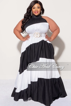 Wrinkle Free Fabric Final Sale Plus Size Halter Maxi Dress in Black & White
