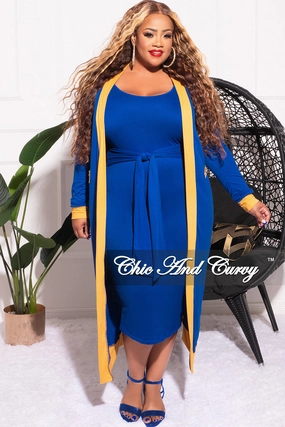 Final Sale Plus Size 2pc Set Duster & Tank Tie Dress in Royal Blue & Gold Quick Comfort Fit