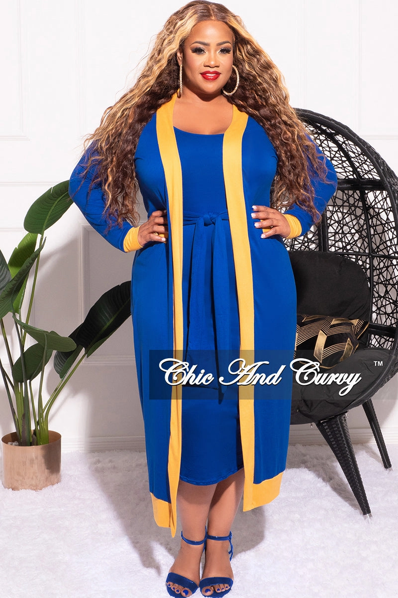 Flattering Design Final Sale Plus Size 2pc Set Duster & Tank Tie Dress in Royal Blue & Gold